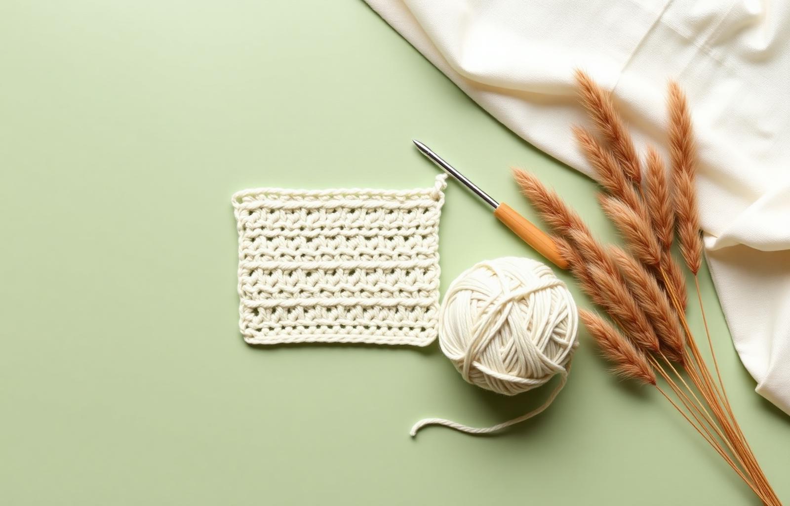 A finished crochet swatch with cream cotton yarn, wooden hook and dried grasses on a sage background
